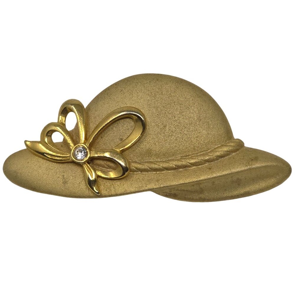 Vintage Tona Gold Hat Brooch with Bow and Rhinestone Accent